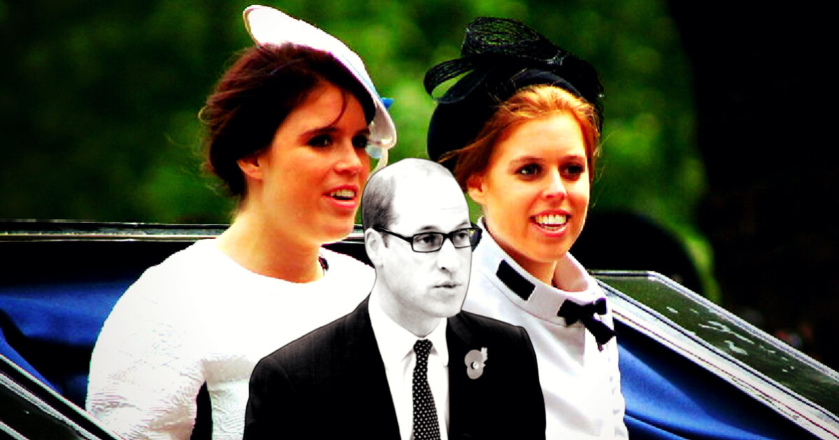 Princesses Eugenie and Beatrice of York smile while attending a royal event, with a man in formal attire speaking in the foreground.