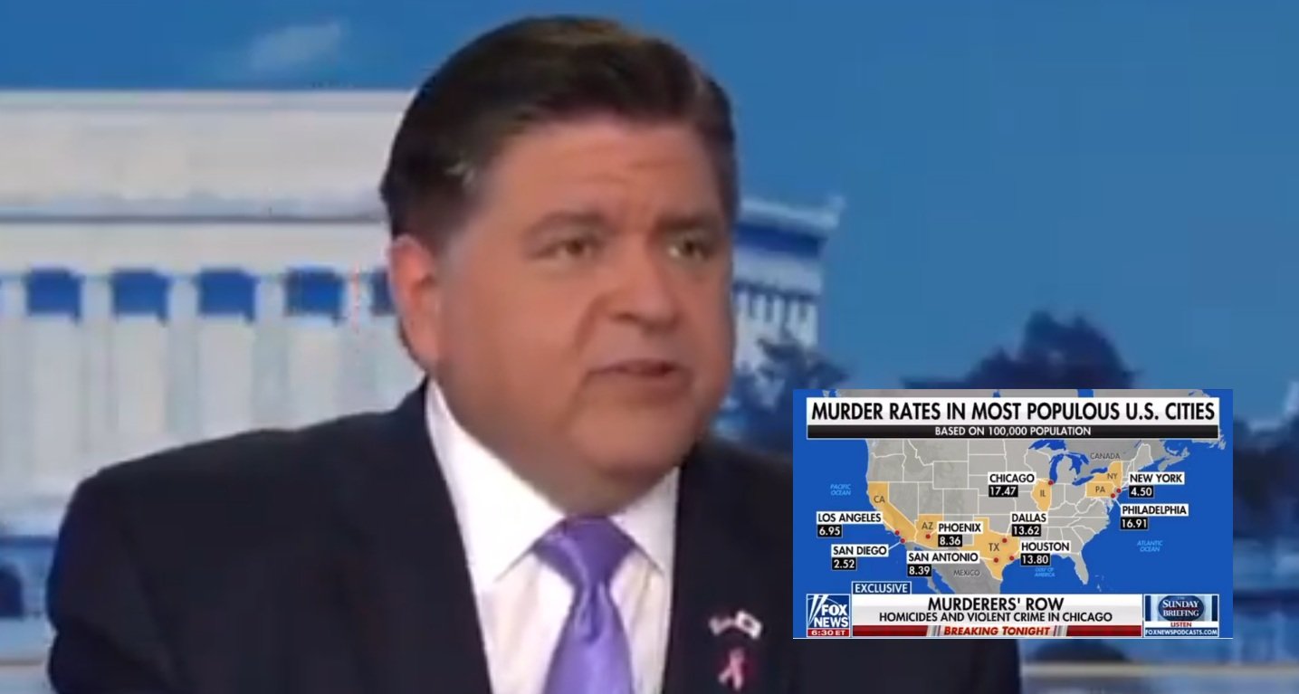 Governor discusses crime rates in major U.S. cities, highlighting Chicago's high murder rate, with a map illustrating statistics from various locations.