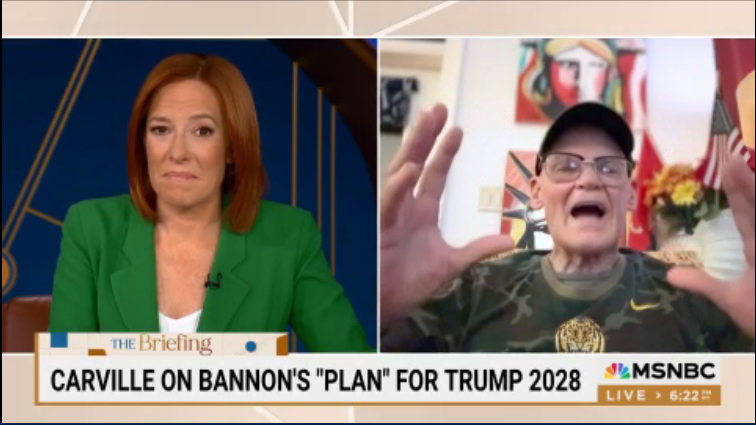 James Carville discusses Steve Bannon's strategy for Trump's 2028 campaign during an MSNBC segment, with Jen Psaki looking on.