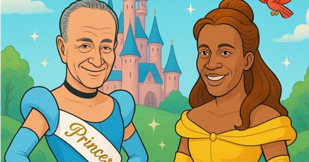 Cartoon illustration of two characters in royal attire, with a castle in the background, representing a playful political theme.