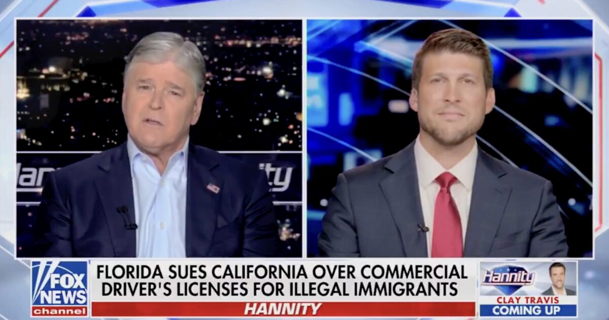 Sean Hannity discusses Florida's lawsuit against California regarding commercial driver’s licenses for illegal immigrants on Fox News.