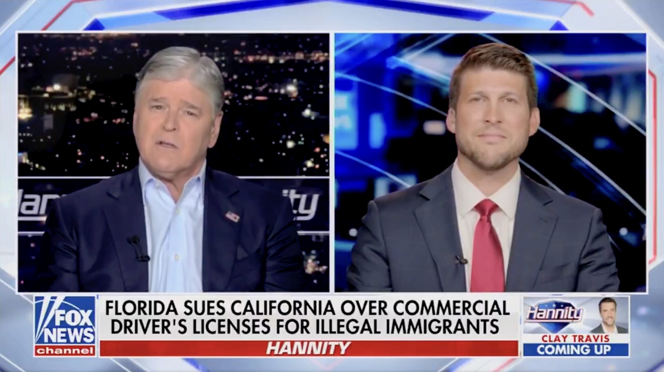 Sean Hannity discusses Florida's lawsuit against California regarding commercial driver’s licenses for illegal immigrants on Fox News.