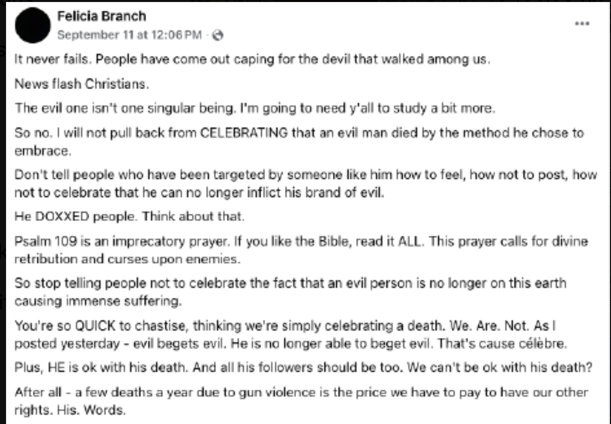 Text from a Facebook post by Felicia Branch discussing the complexities of celebrating the death of an evil person and referencing biblical themes of retribution and suffering.