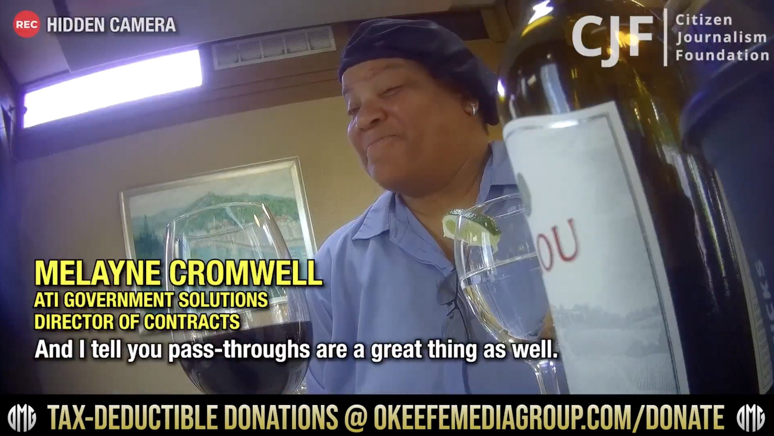 Melayne Cromwell, Director of Contracts at ATI Government Solutions, discusses pass-throughs while enjoying drinks in a casual setting.