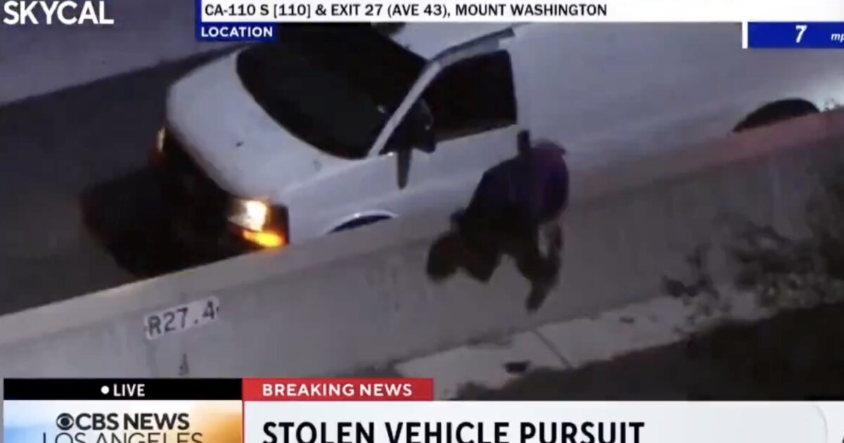 Police chase of a stolen white van on CA-110 South near Mount Washington, with a suspect attempting to escape as seen from above.