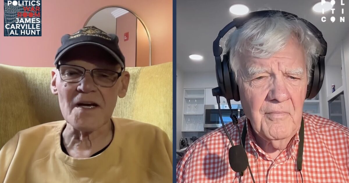 James Carville and Al Hunt discuss political topics during a virtual interview, showcasing their insights in a split-screen format.