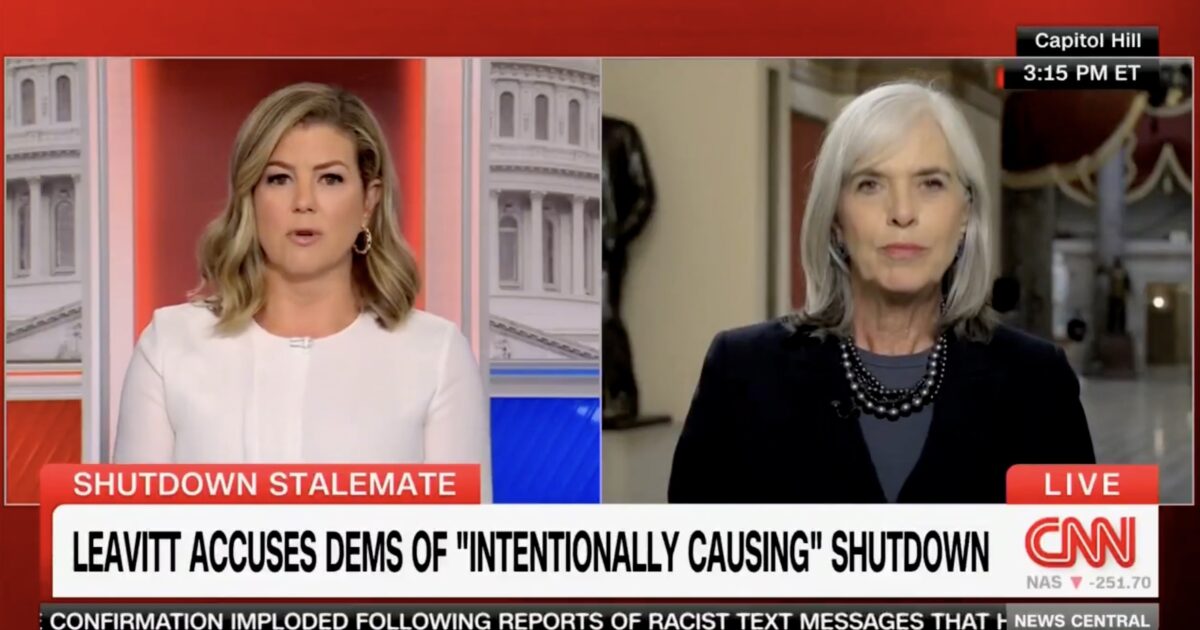 CNN hosts discuss the ongoing government shutdown, featuring statements from Leavitt about Democratic party actions, broadcast live from Capitol Hill.