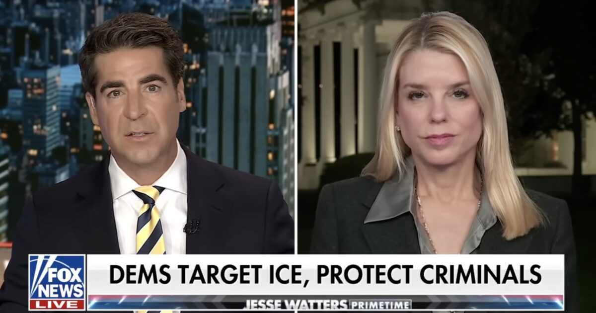 News segment featuring Jesse Watters and a guest discussing political issues related to ICE and crime, broadcasted on Fox News Live.