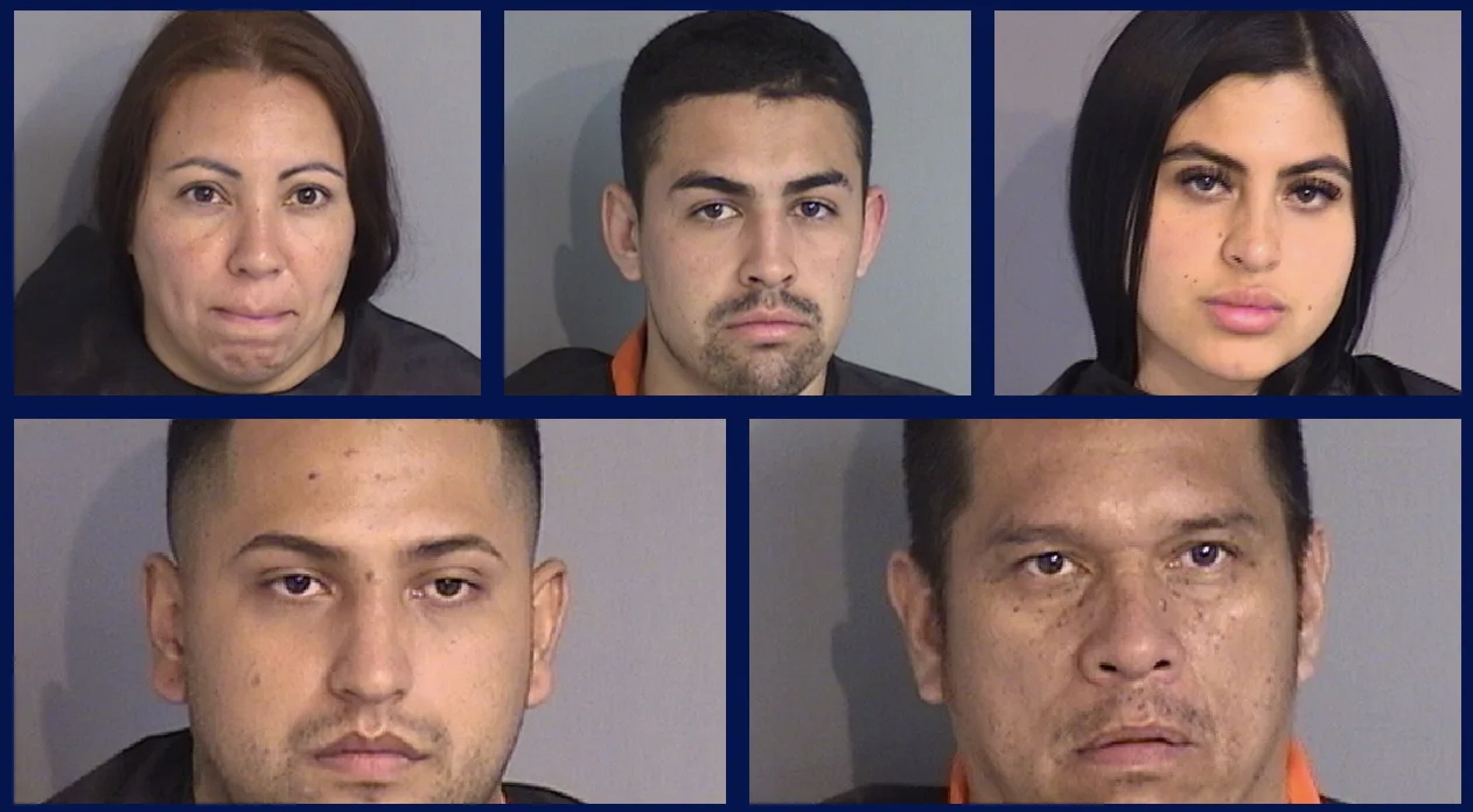 Mugshots of five individuals facing legal issues, showcasing diverse expressions and backgrounds in a grid format.