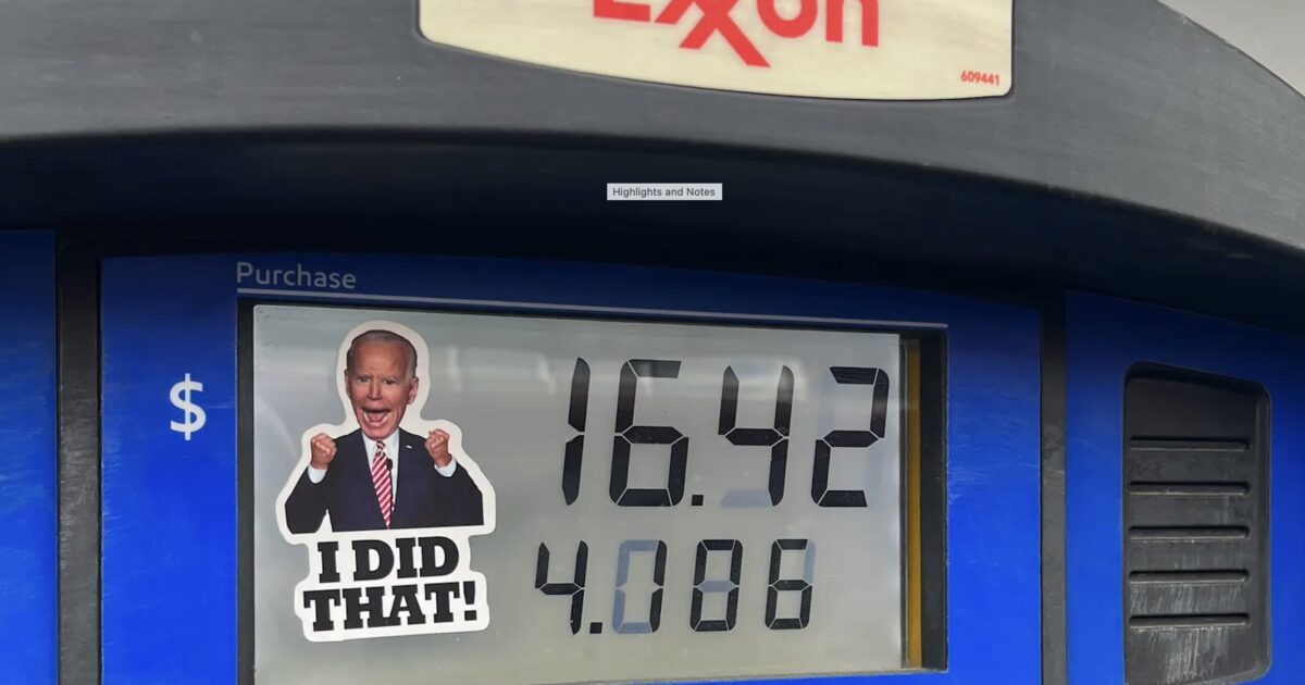 Gas pump displaying a total cost of $16.42 with a sticker featuring a political figure and the phrase "I did that!" at an Exxon station.