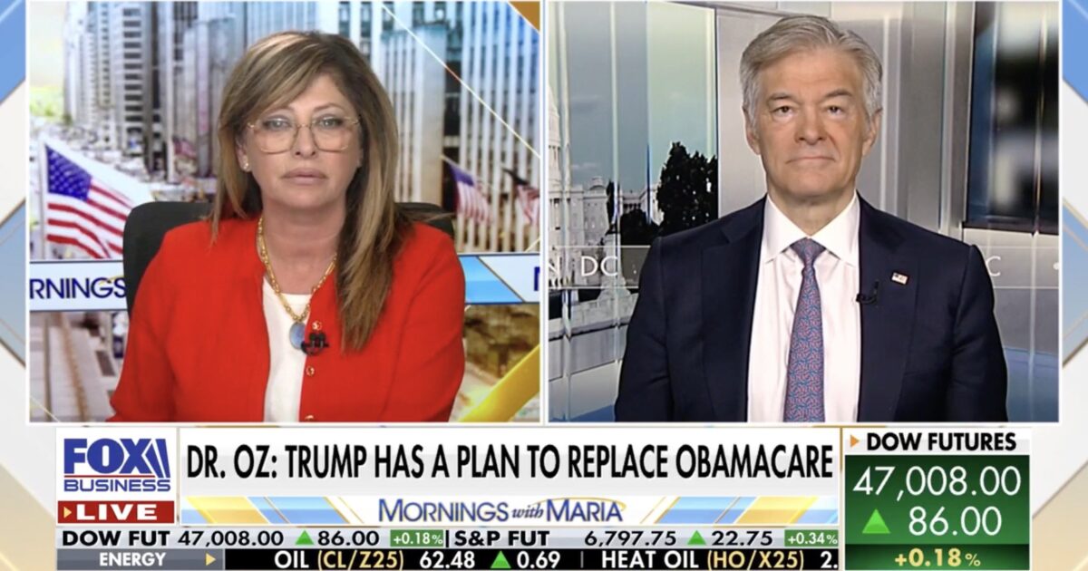 Maria Bartiromo interviews Dr. Oz on Fox Business about Trump's plan to replace Obamacare, with financial market updates displayed on screen.