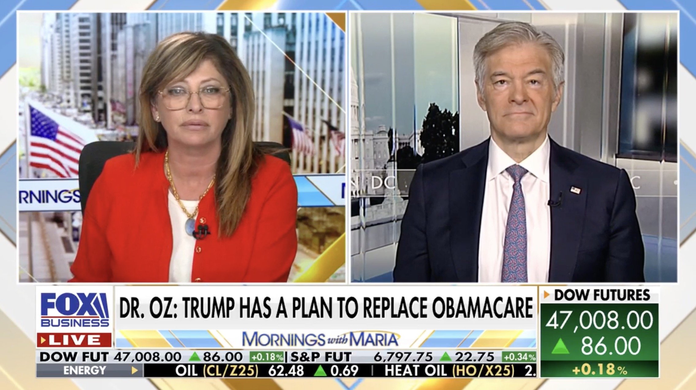 Maria Bartiromo interviews Dr. Oz on Fox Business about Trump's plan to replace Obamacare, with financial market updates displayed on screen.