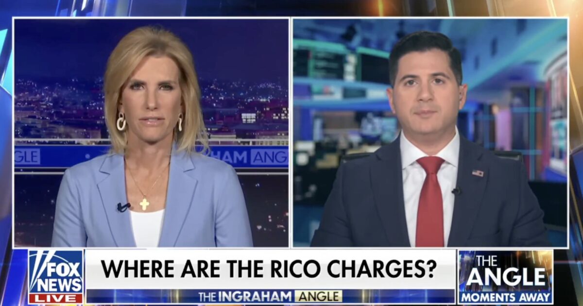 Fox News segment featuring Laura Ingraham and a guest discussing RICO charges, with a city skyline visible in the background.