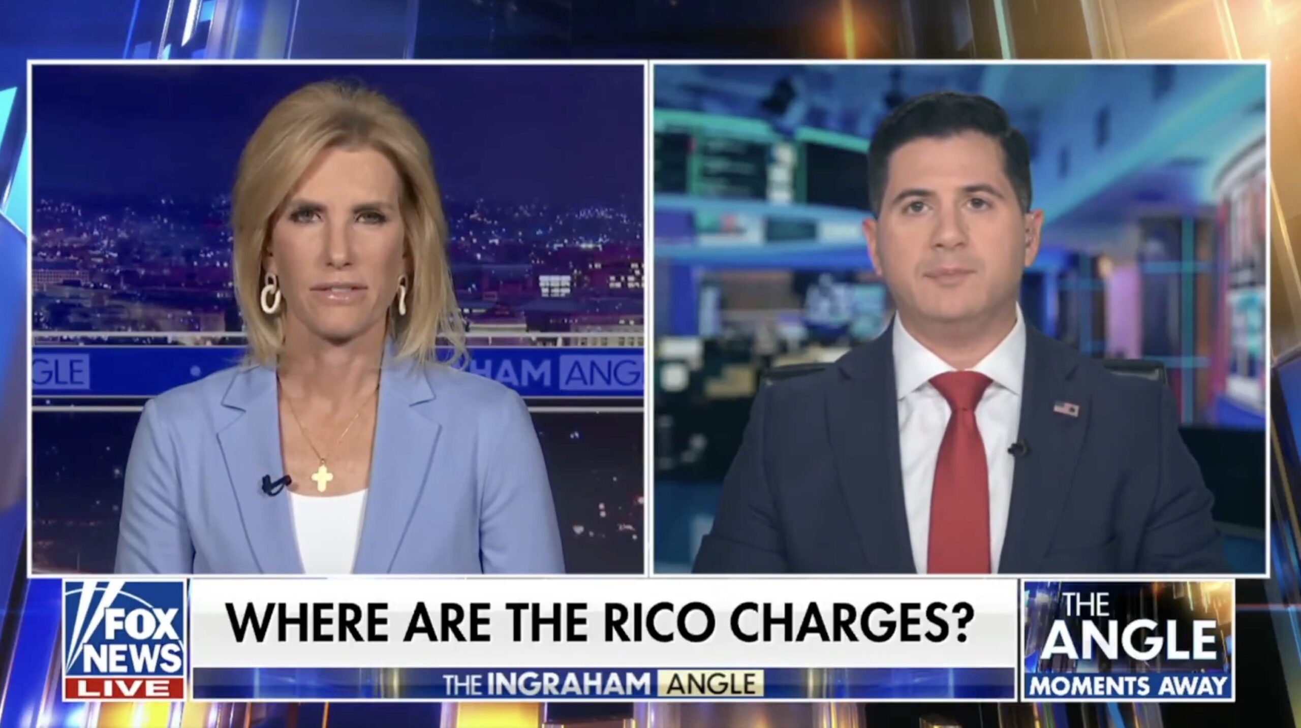 Fox News segment featuring Laura Ingraham and a guest discussing RICO charges, with a city skyline visible in the background.