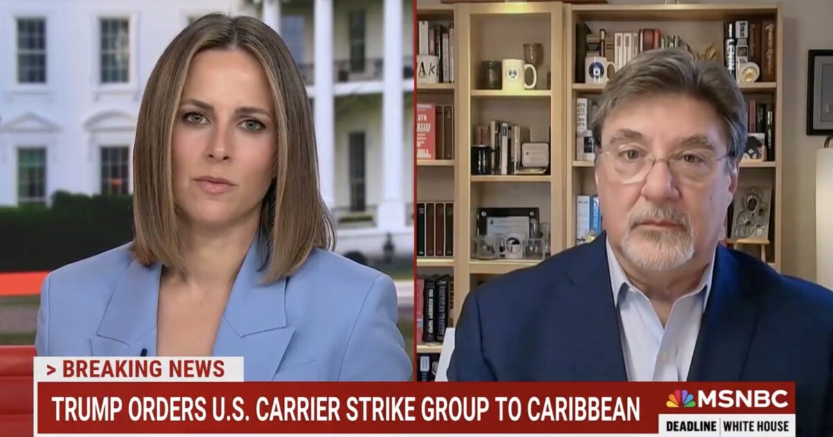 News broadcast discussing Trump's order for a U.S. carrier strike group to be deployed to the Caribbean, featuring two analysts.