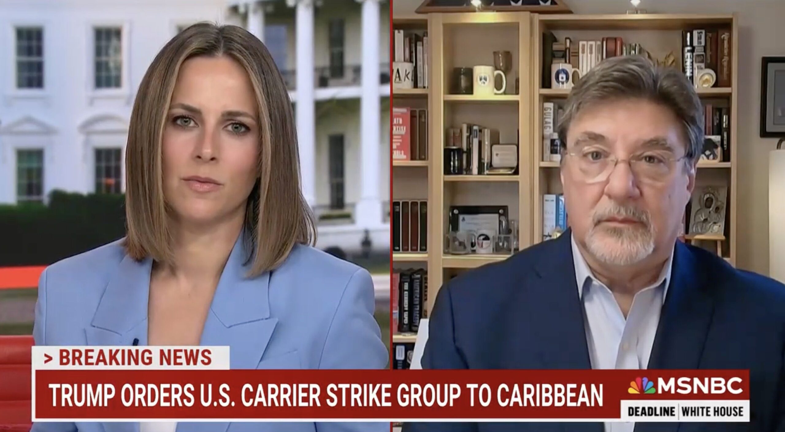 News broadcast discussing Trump's order for a U.S. carrier strike group to be deployed to the Caribbean, featuring two analysts.