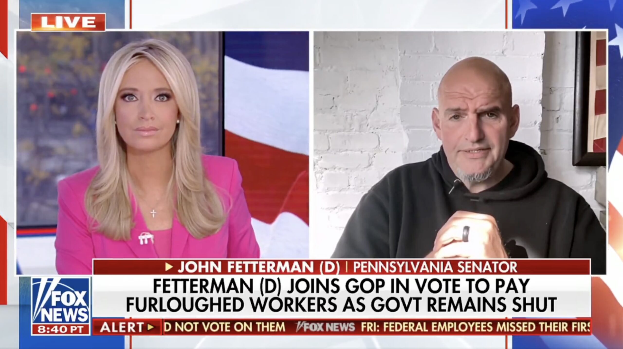 John Fetterman discusses his vote with a Fox News anchor, focusing on government shutdown impacts on furloughed workers.