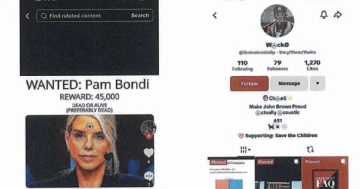Image depicting a social media post featuring a wanted notice for Pam Bondi, offering a $45,000 reward, alongside a user profile with various interests and follower statistics.