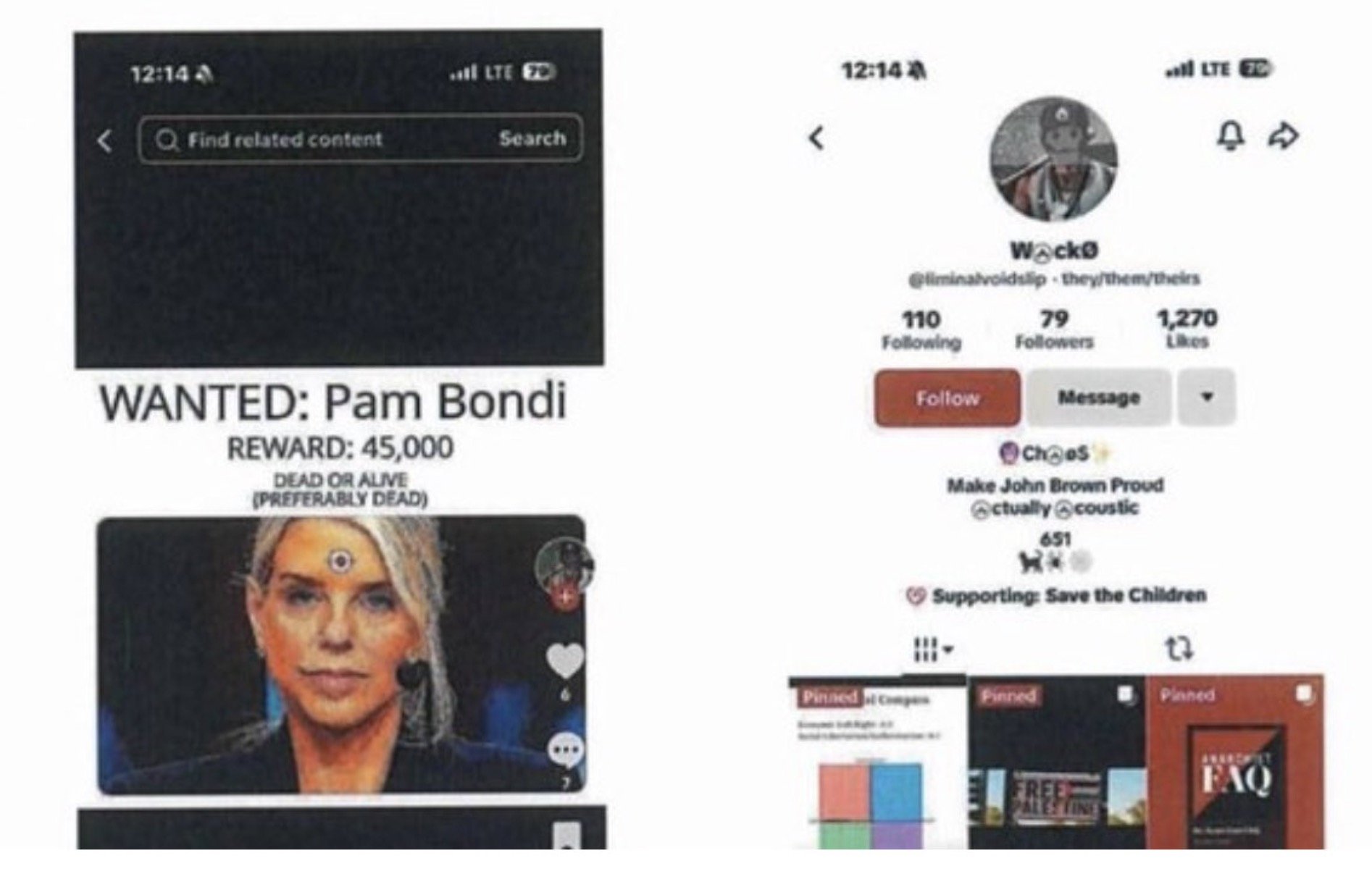 Image depicting a social media post featuring a wanted notice for Pam Bondi, offering a $45,000 reward, alongside a user profile with various interests and follower statistics.