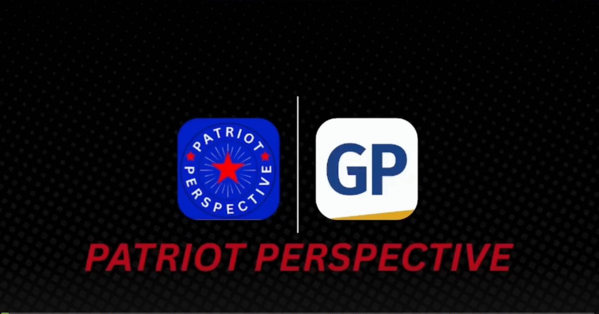 Logo design for Patriot Perspective and GP, featuring a blue star and bold typography on a textured black background.