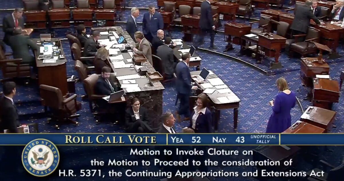 U.S. Senate members participate in a roll call vote on the motion to invoke cloture for H.R. 5371, focusing on continuing appropriations and extensions.
