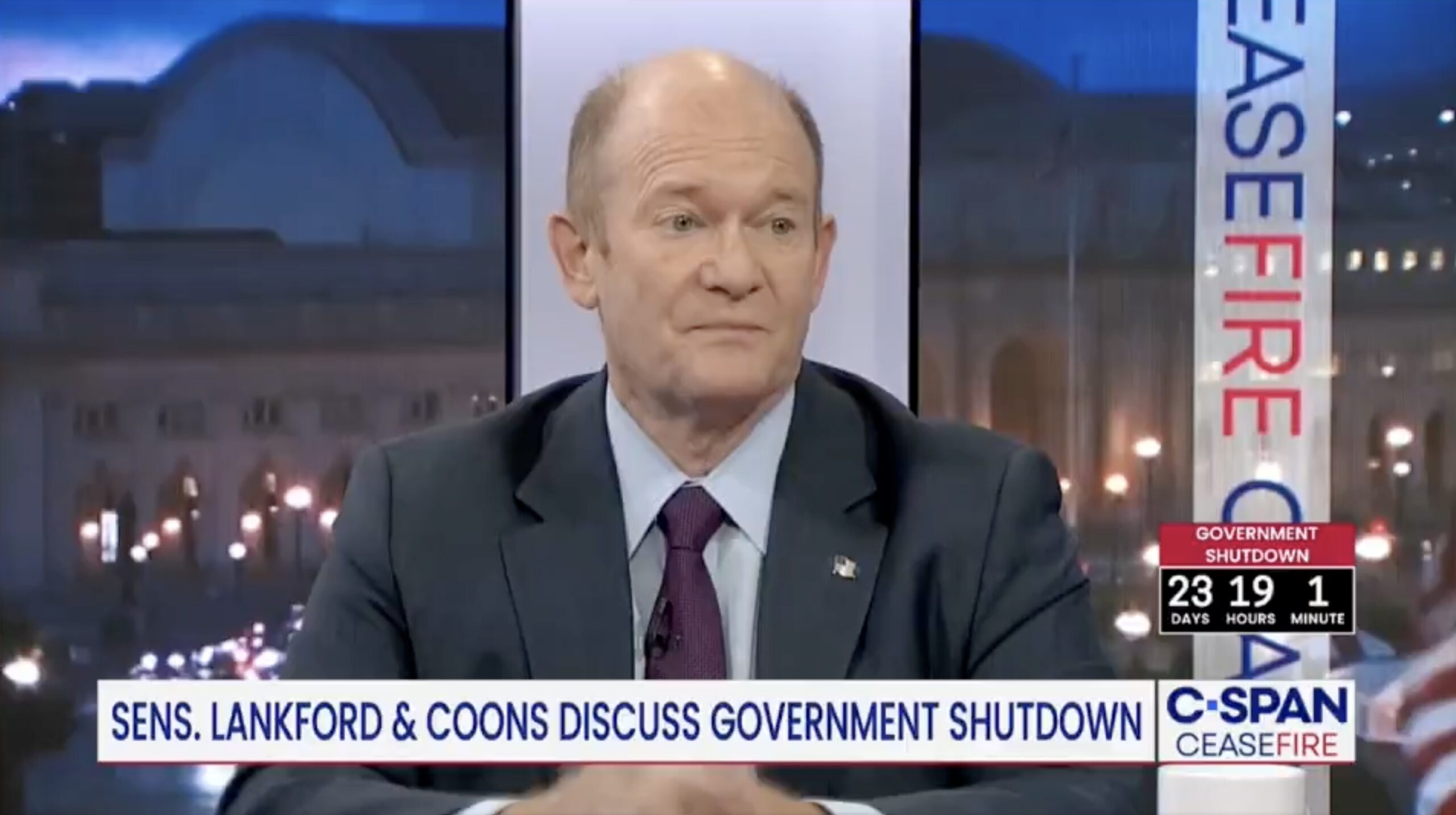 Senators Lankford and Coons discuss the impending government shutdown during a C-SPAN interview, highlighting the countdown timer and key issues at stake.