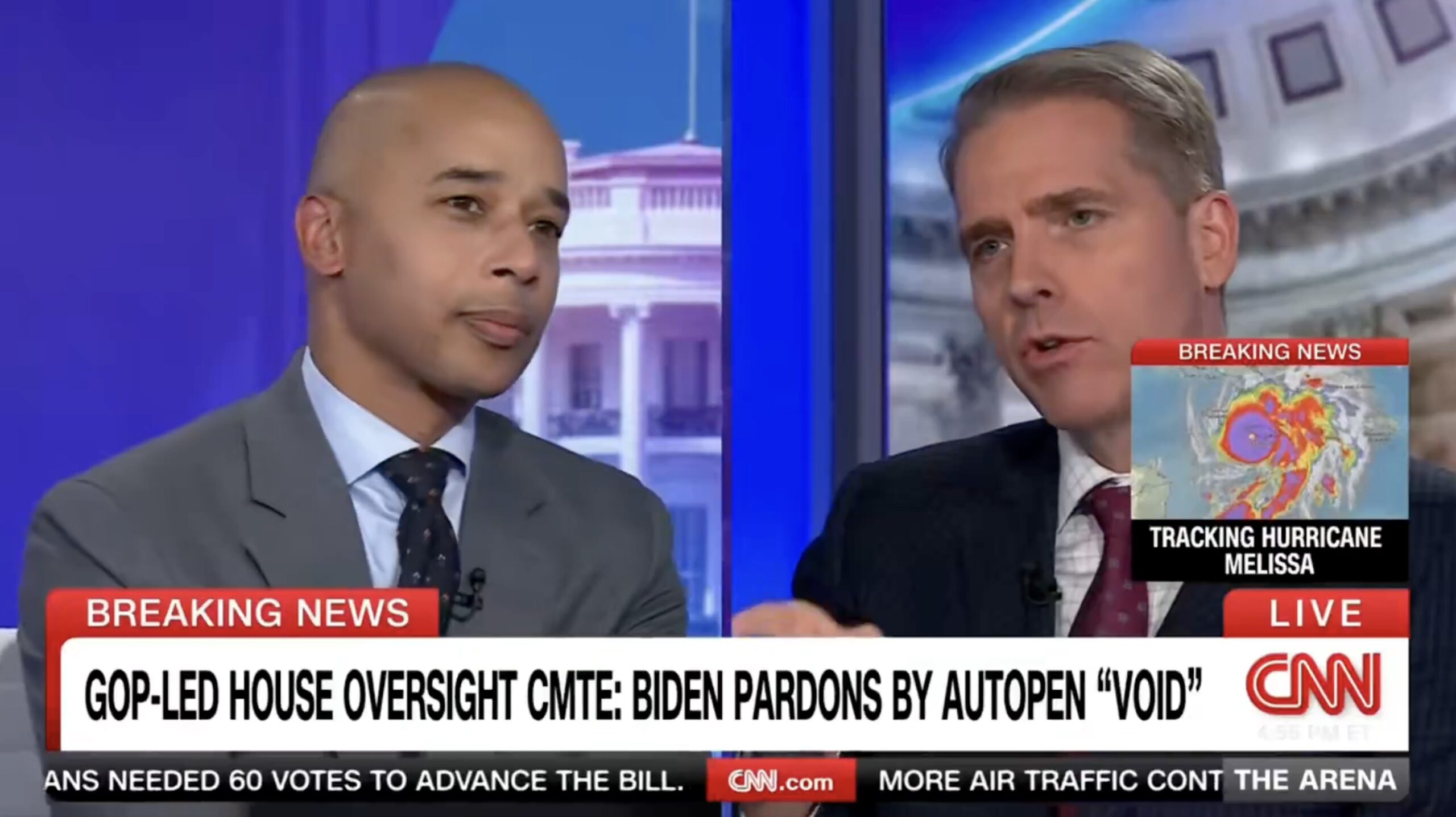Two male commentators discuss breaking news on CNN regarding Biden's pardons and the ongoing tracking of Hurricane Melissa.