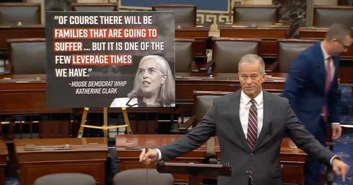 Senator discussing a statement by House Democrat Whip Katherine Clark on the impact of political decisions on families in a Senate chamber setting.
