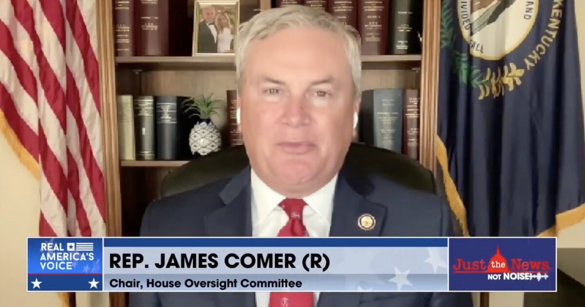 Rep. James Comer, Chair of the House Oversight Committee, speaks in front of a bookshelf and American flag during a virtual appearance.