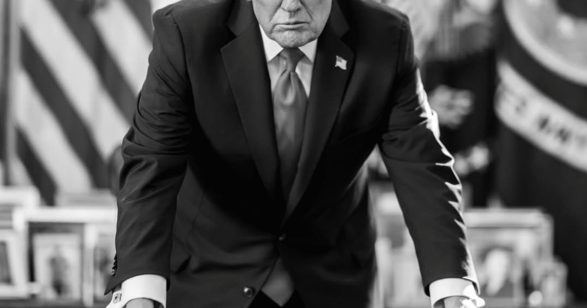 Former President Donald Trump leans over a desk in the Oval Office, displaying a serious expression, with American flags and official seals in the background.