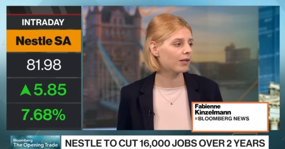 Bloomberg News segment featuring Fabienne Kinzelmann discussing Nestlé SA's announcement to cut 16,000 jobs over two years, with stock price updates displayed.