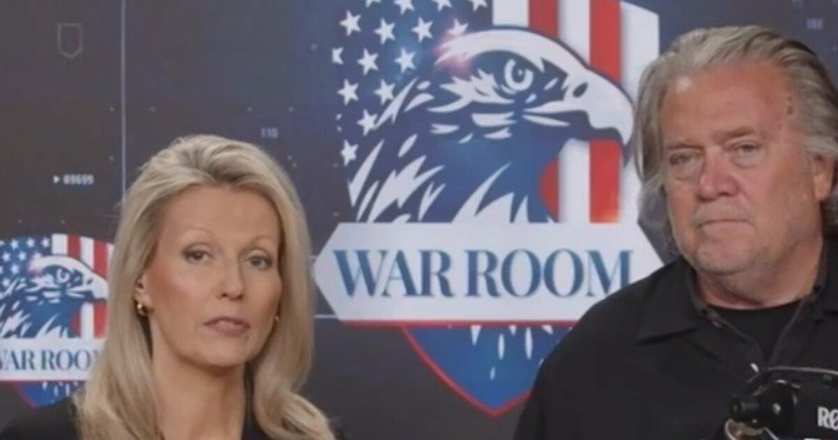 Steve Bannon and a female co-host present a discussion in front of a "War Room" backdrop featuring an eagle and American flag elements.