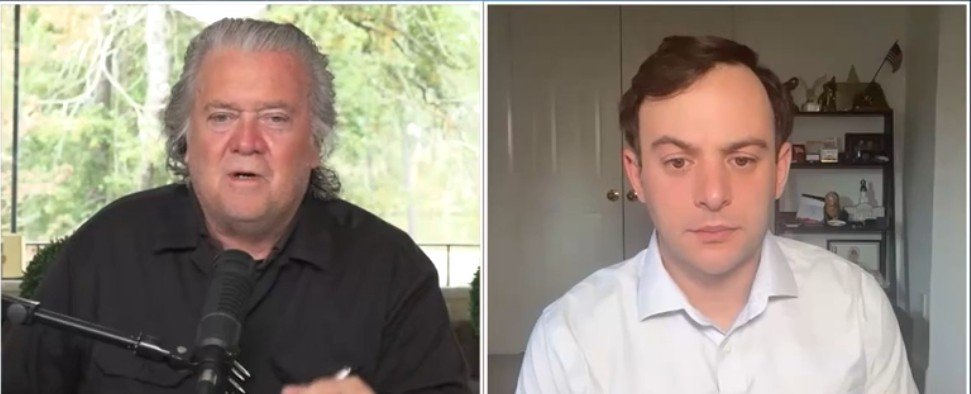 Steve Bannon and a guest discuss current political events during a video interview, with a blurred outdoor background visible.