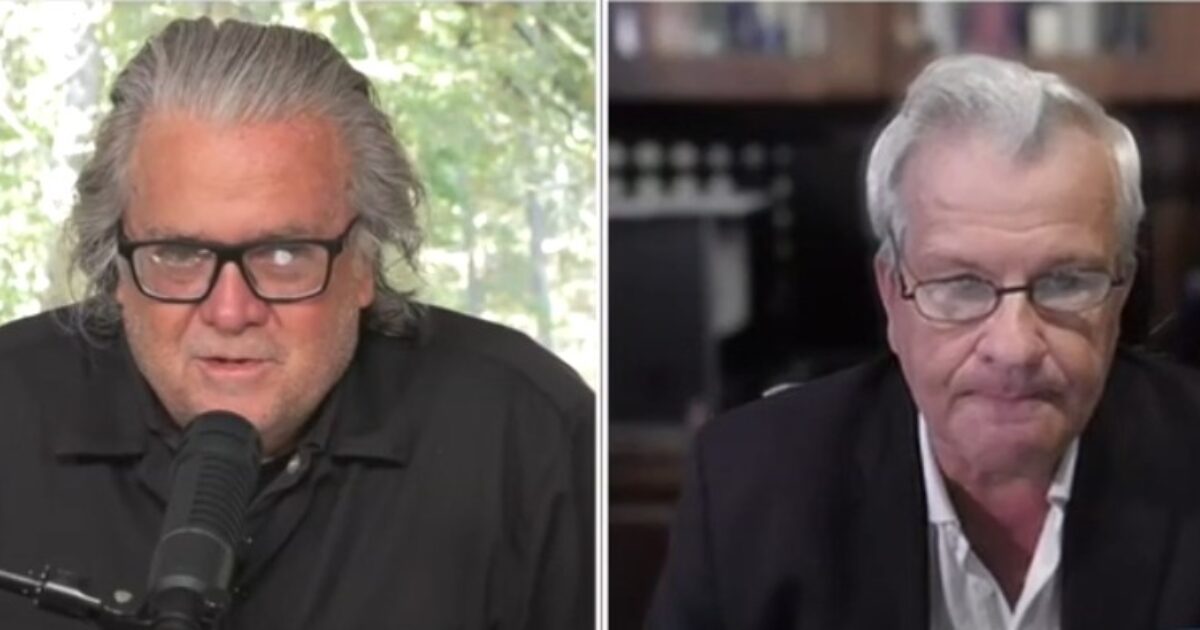 Steve Bannon and a guest discuss current events in a split-screen video format, showcasing their engaged expressions and professional attire.