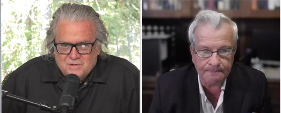 Steve Bannon and a guest discuss current events in a split-screen video format, showcasing their engaged expressions and professional attire.