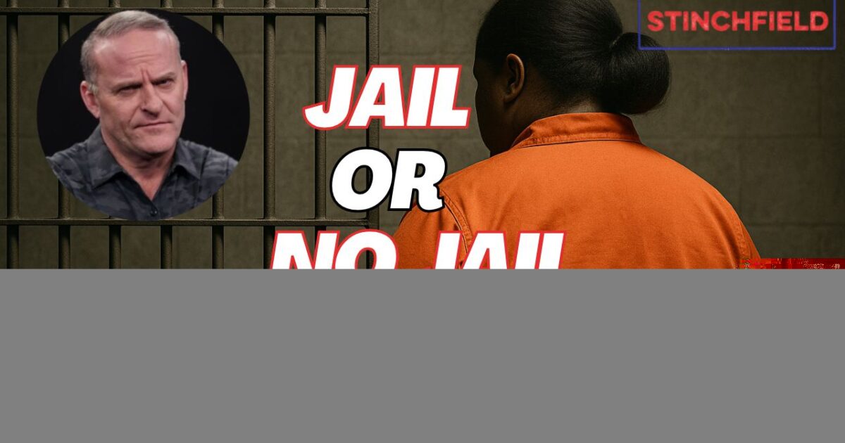 Person in an orange jumpsuit faces jail decision, with a male commentator's image in the corner discussing the situation.
