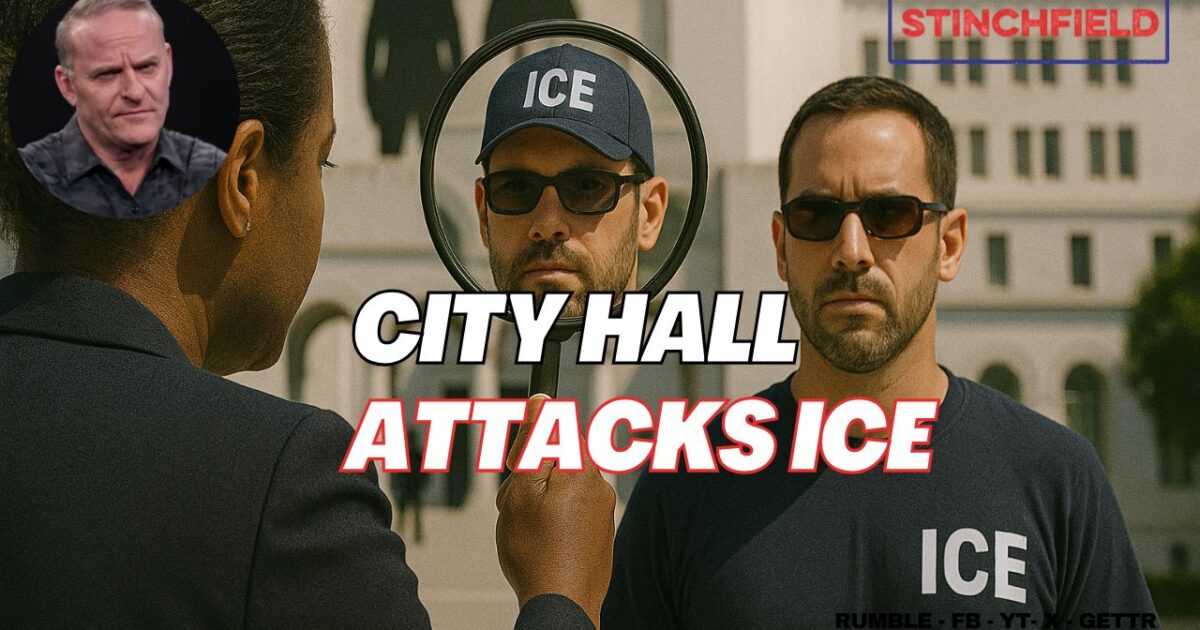 City Hall officials confront ICE agents in a tense discussion outside a government building, highlighting ongoing immigration policy debates.