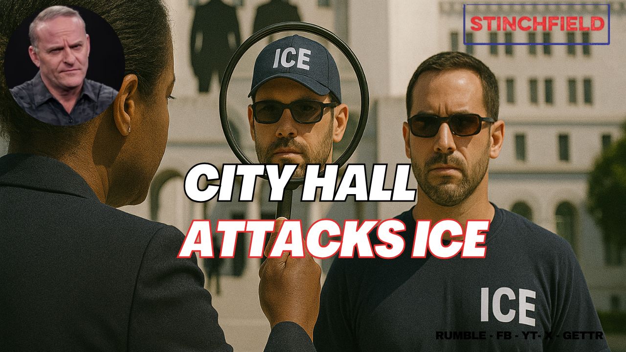 City Hall officials confront ICE agents in a tense discussion outside a government building, highlighting ongoing immigration policy debates.