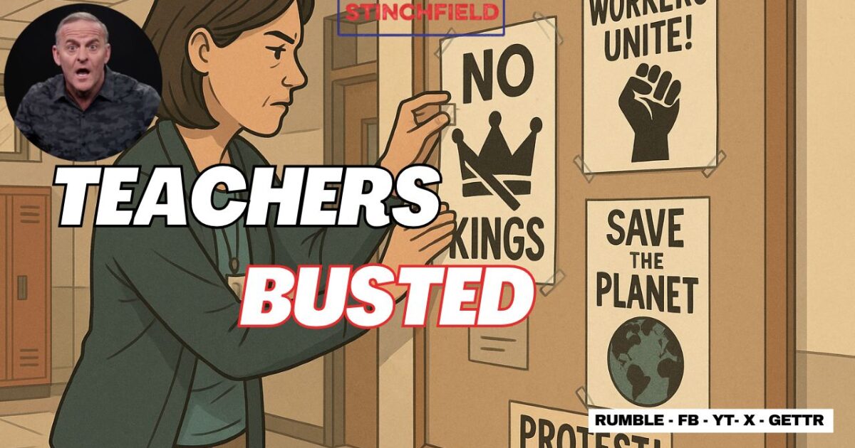 Animated image depicting a teacher posting protest signs in a school setting, highlighting themes of activism and social justice.