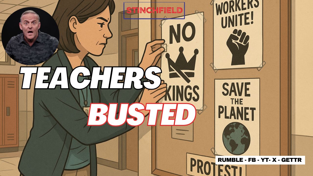 Animated image depicting a teacher posting protest signs in a school setting, highlighting themes of activism and social justice.
