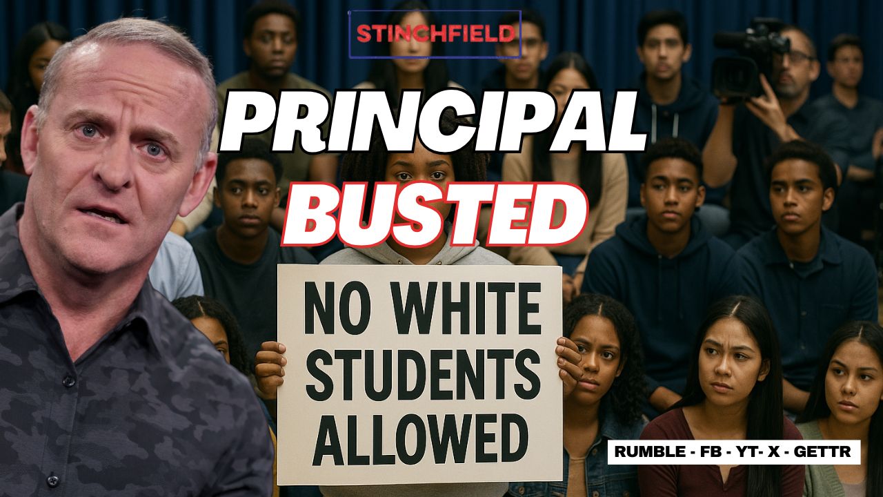 Principal facing controversy as students hold a sign reading "No White Students Allowed" during a discussion on school policy and inclusivity.