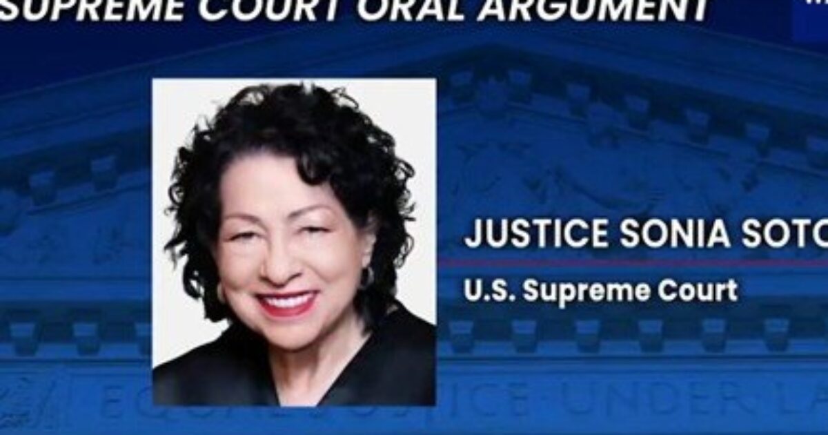 Portrait of Justice Sonia Sotomayor, a U.S. Supreme Court Justice, featured during a Supreme Court oral argument session.