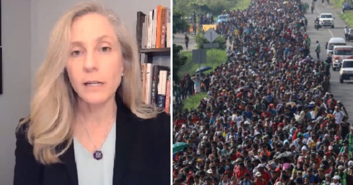Woman speaking on immigration issues alongside a large crowd of migrants walking along a road, highlighting the ongoing migration crisis.