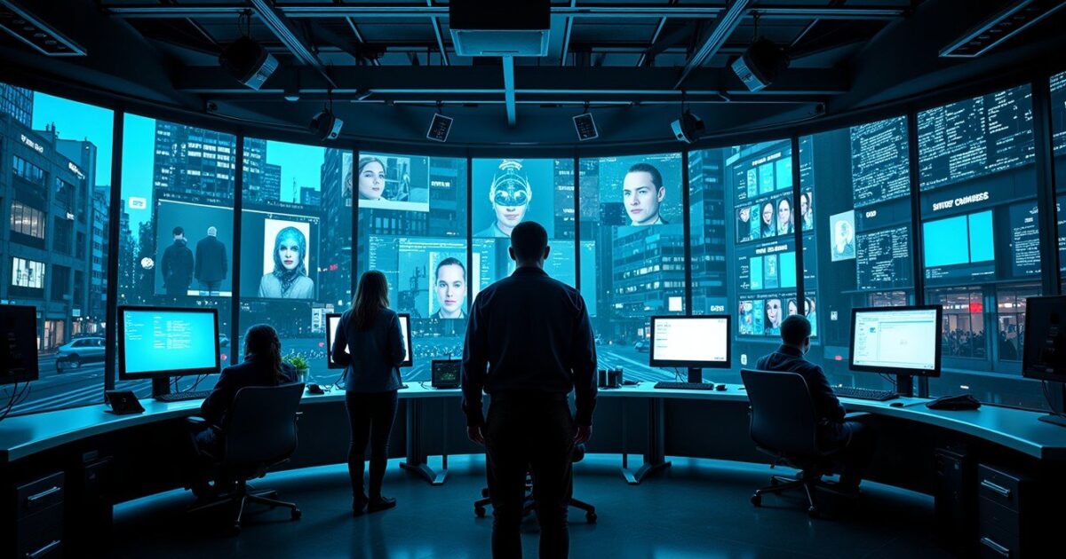 A modern control room featuring multiple screens displaying facial recognition technology and urban surveillance data, with professionals analyzing information in a high-tech environment.