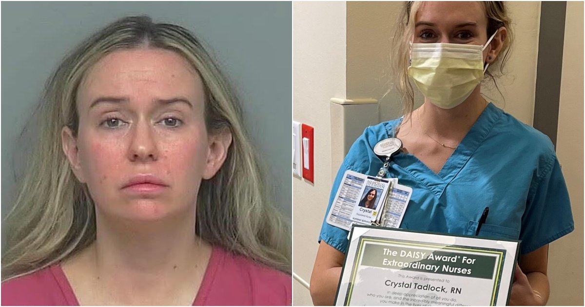 Image showing a nurse, Crystal Tadlock, in scrubs holding the DAISY Award for Extraordinary Nurses, highlighting her contributions to patient care and nursing excellence.
