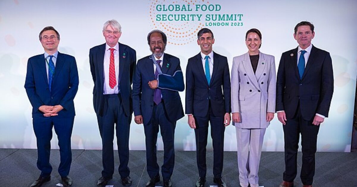 Group of six leaders at the Global Food Security Summit in London 2023, emphasizing collaboration on global food challenges.