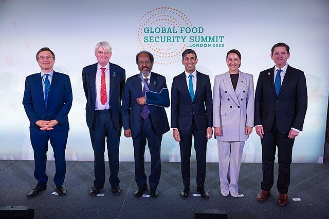 Group of six leaders at the Global Food Security Summit in London 2023, emphasizing collaboration on global food challenges.