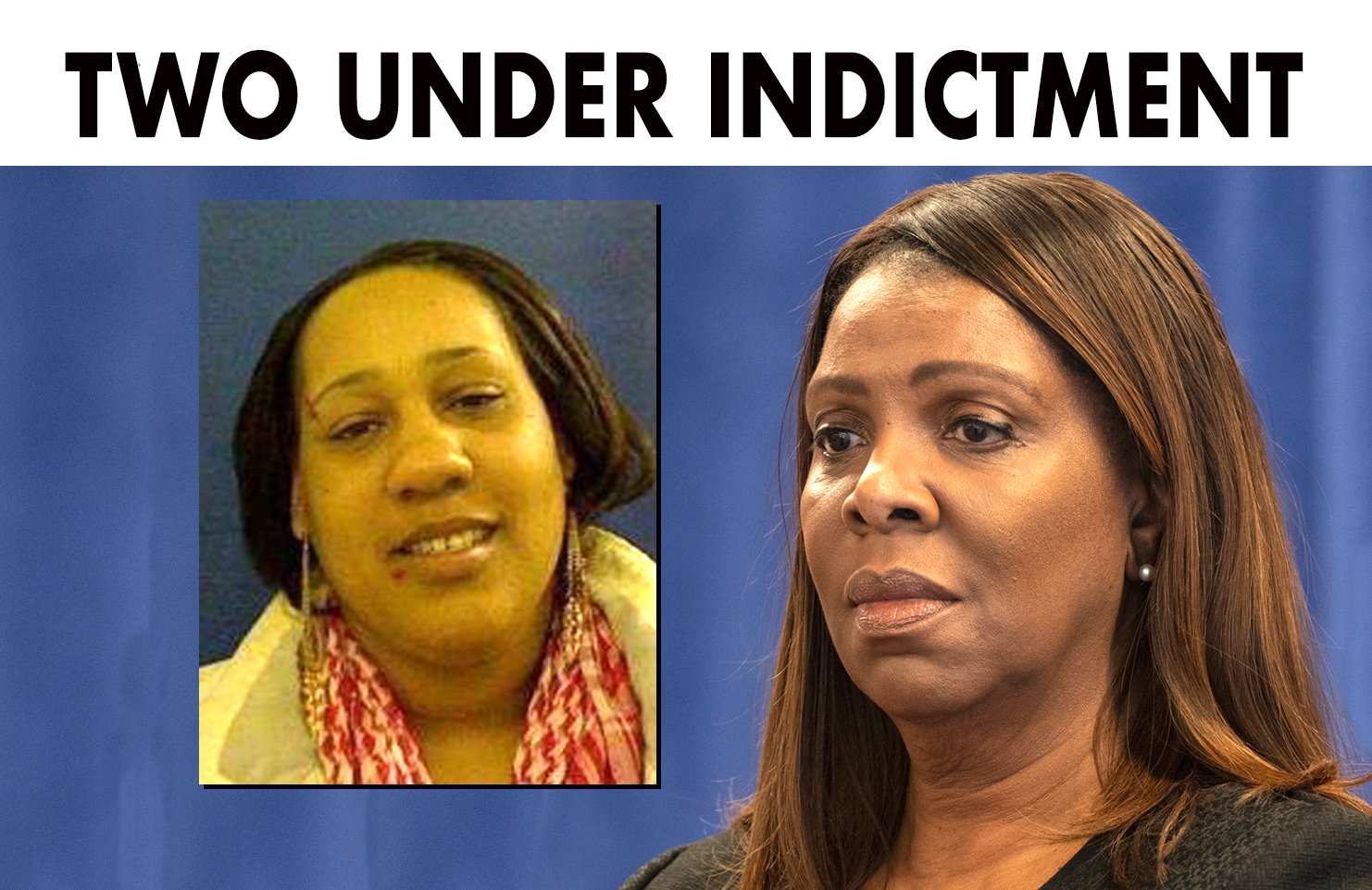Image depicting two individuals under indictment, highlighting legal issues, with one person shown in a mugshot and the other in a formal setting.