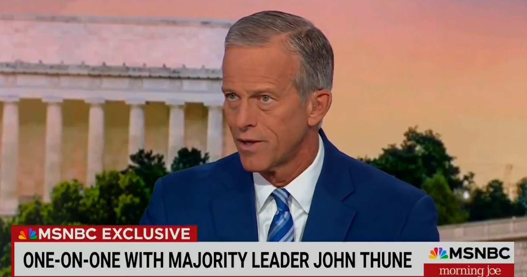 John Thune discusses key political issues in an exclusive interview on MSNBC, with the Lincoln Memorial in the background.
