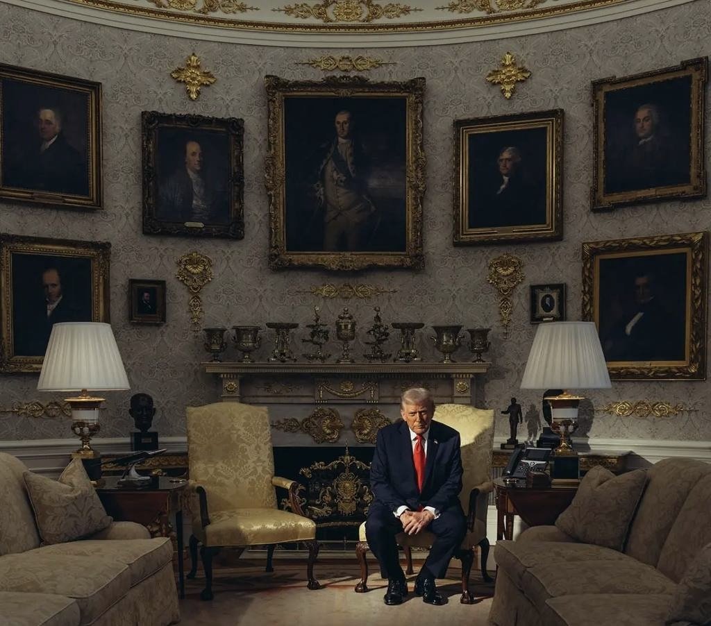 A contemplative moment in an ornate room featuring historical portraits, with a seated figure in formal attire and a red tie.